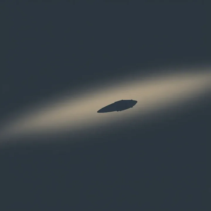 A minimalist illustration of a lone spacecraft silhouette floating in deep space, its curved edges gently illuminated against dark negative space.