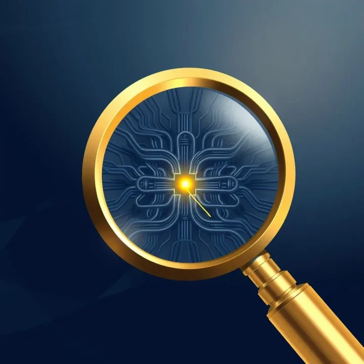 A detailed editorial illustration showing a brass magnifying glass inspecting a metallic network of blue and silver cables to highlight a golden connection point.