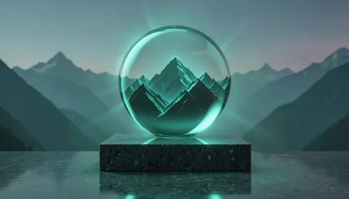 Una esfera brillante y translúcida de color verde azulado esculpida con contornos alpinos sobre picos montañosos entre la niebla.