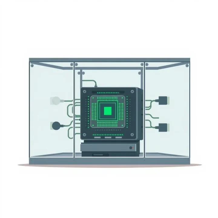 An unbranded AI processor enclosed in a transparent security cube, representing software agents contained by a security system.