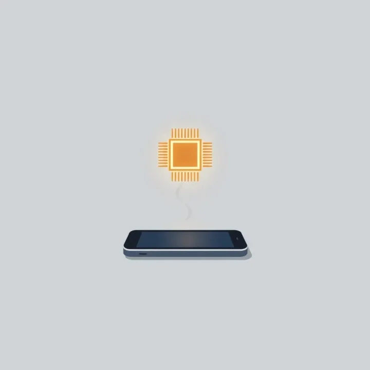 Illustration conceptuelle minimaliste d'un grand processeur de serveur projetant son ombre sur un petit smartphone bas de gamme posé sur une surface grise.