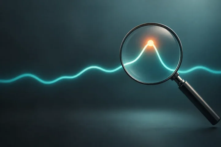 Uma lupa examina um gargalo destacado em um traço de desempenho luminoso sobre um fundo suave em tons discretos de carvão e verde-azulado.