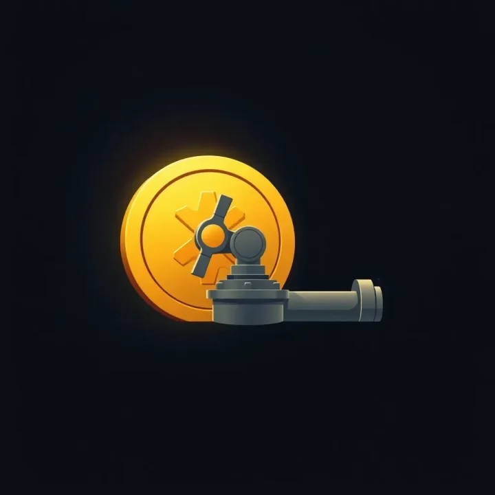 Una ilustración conceptual mínima de una moneda de oro brillante con forma de válvula de vapor sobre un fondo oscuro.