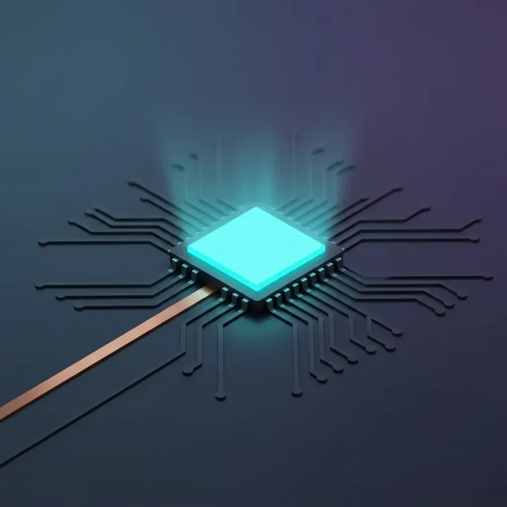 Ein zentraler, leuchtend cyanfarbener Mikrochip auf einer dunklen anthrazitfarbenen Leiterplatte mit Kupferbahnen vor einem sanften Farbverlauf aus Schieferblau und Dunkelviolett.