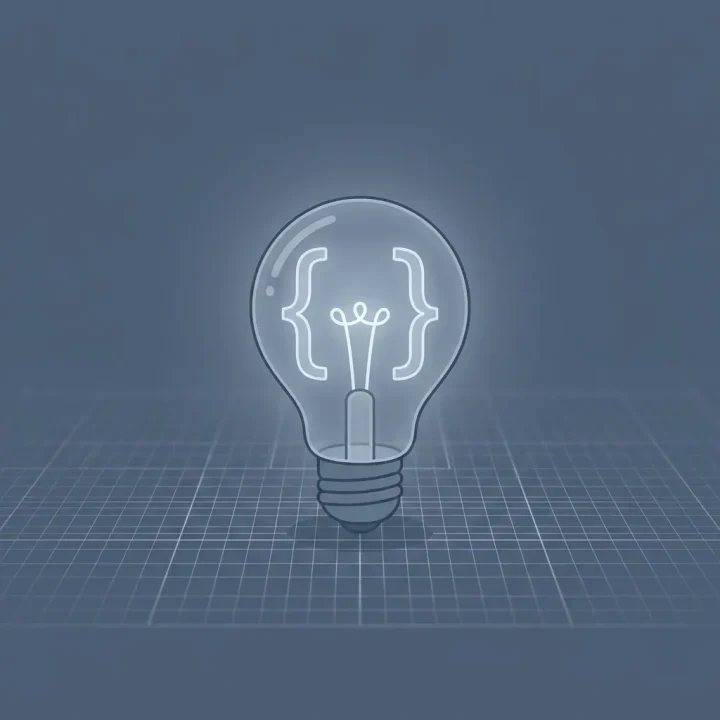 A glowing lightbulb shaped like code brackets resting on a slate-blue blueprint background.
