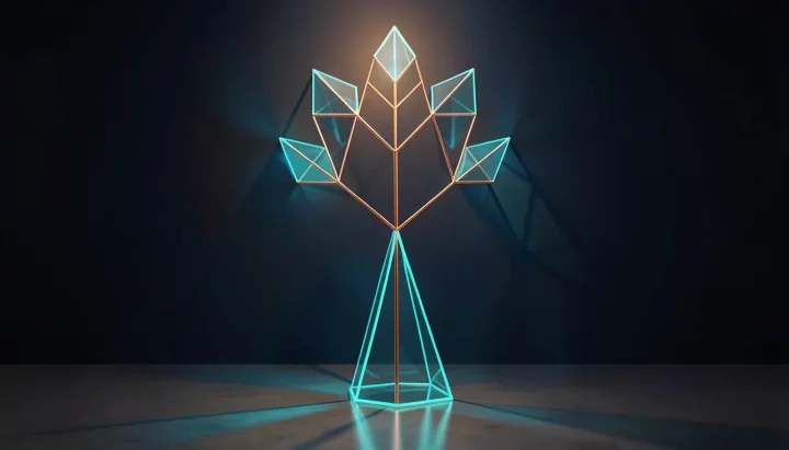 Editorial illustration of a translucent cyan glass and copper wire geometric tree structure casting light planes across a dark room.