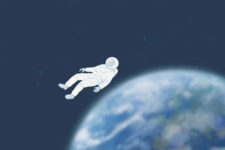 Illustration éditoriale de l'astronaute Anil Menon flottant en orbite avec la Terre bleue floutée en arrière-plan.