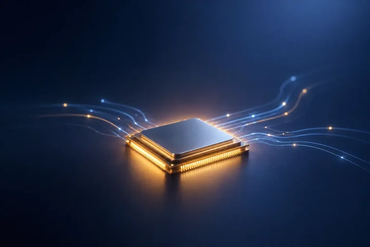 Une puce de processeur lumineuse parcourue de discrets flux de lumière, représentant le code mis en cache dans un système de traduction ARM.