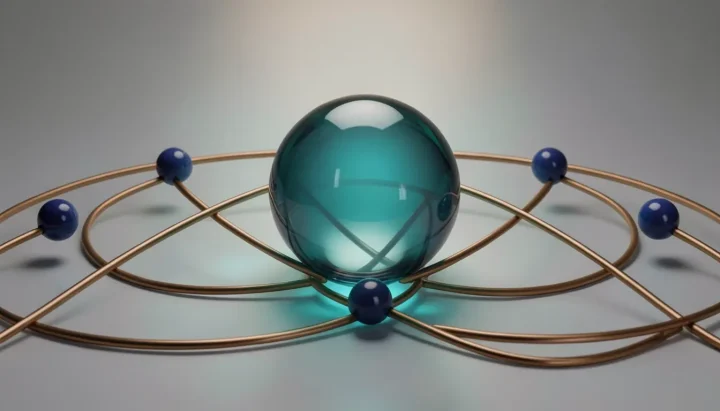 Uma esfera brilhante de vidro azul-turquesa semitransparente posicionada no centro de uma teia de fios de bronze lisos e pequenas contas de cerâmica anil sobre um fundo neutro de estúdio.