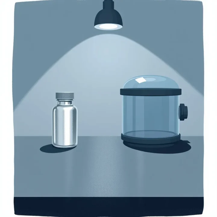 Um recipiente metálico de amostras repousa sobre uma mesa escura sob luz fria ao lado de uma câmara de manipulação a vácuo em tons suaves de azul-aço.