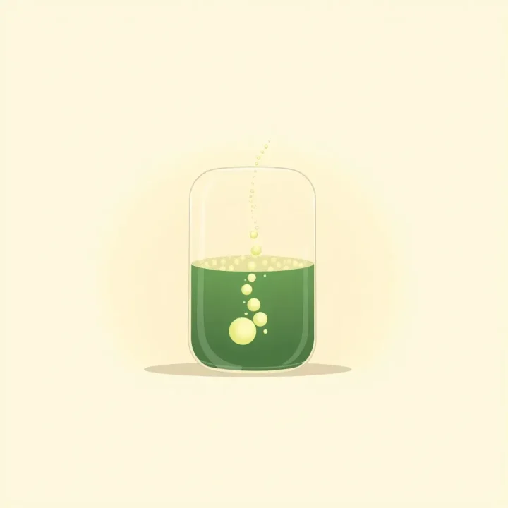 A glass brewing fermenter with rising bubbles against a softly blurred background, rendered in muted greens and warm ambers.