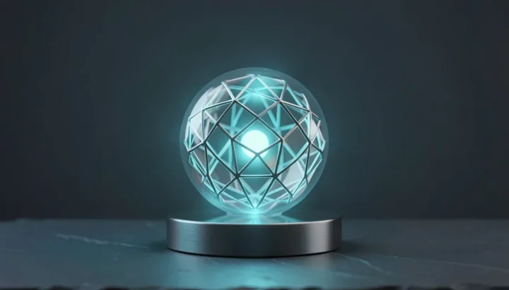 An editorial illustration featuring a central glowing glass sphere filled with a metallic lattice work resting on a steel pedestal.