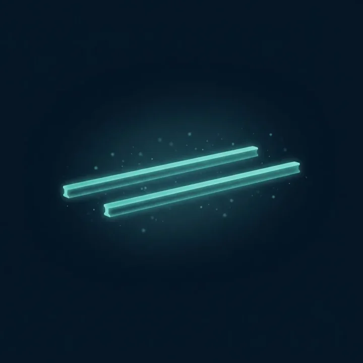 Eine konzeptionelle künstlerische Illustration, die zwei parallele, leuchtende cyanfarbene Schienen zeigt, die in einem dunkelblauen Raum mit subtilen Lichtpartikeln schweben.