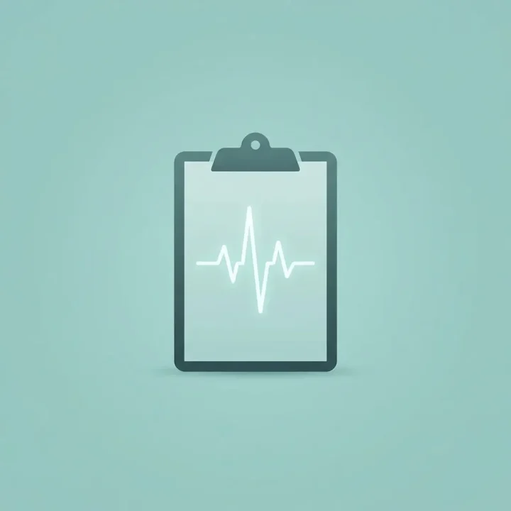 Un portapapeles médico estilizado que sostiene una onda de datos digitales brillante sobre un fondo verde azulado suave y sencillo.