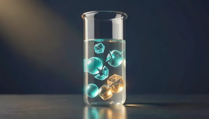Una ilustración editorial que muestra un vaso de precipitados de vidrio lleno de líquido sobre una mesa de pizarra oscura, donde formas cristalinas geométricas se disuelven en esferas brillantes de color azul turquesa y ámbar.
