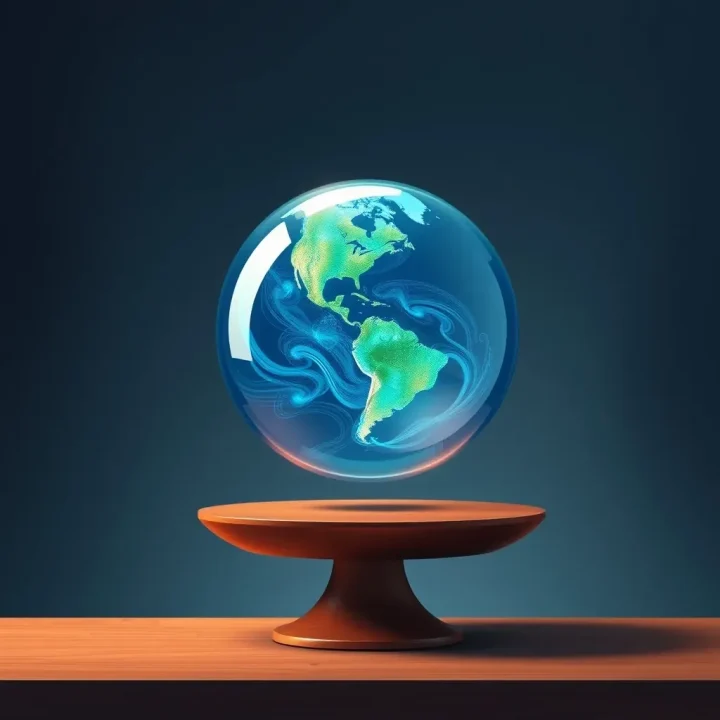 Eine leuchtende, halbtransparente Glaskugel mit thermischen Zirkulationsströmungen ruht auf einem dunklen Holzschreibtisch vor einem schieferblauen, atmosphärischen Hintergrund.