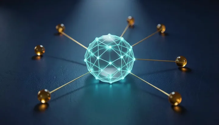 A glowing teal network node sphere on a navy surface connected by golden threads to smaller amber glass marbles.