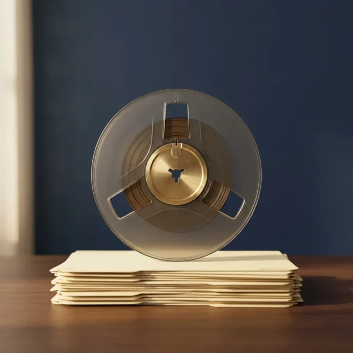 Une bobine de bande magnétique vintage posée sur une pile de dossiers d'archives en papier sur une table en noyer.
