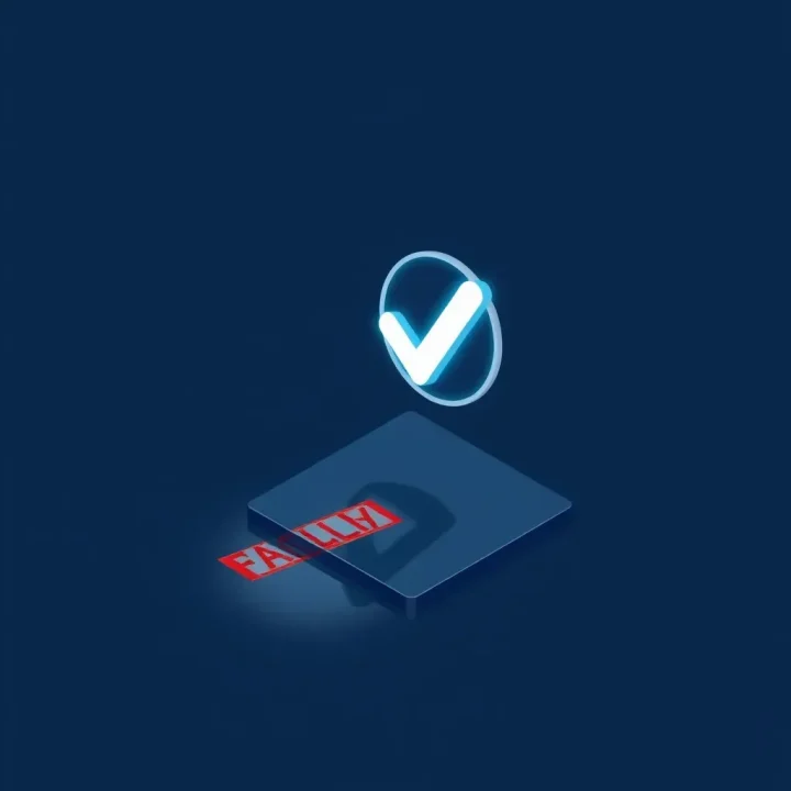 Conceptual vector graphic of a glowing checkmark casting a red faulty shadow on a slate background.