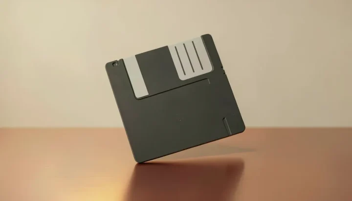 Une disquette de huit pouces de couleur anthracite reposant sur une surface en cuivre poli sous un éclairage doux.