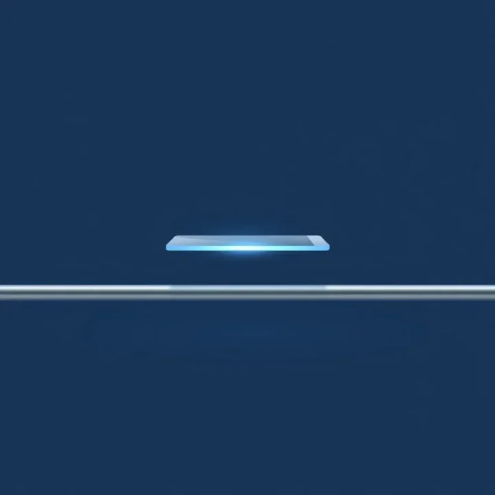 A luminous glass smartphone pane sliding along a smooth metallic pipeline track against a dark blue background.