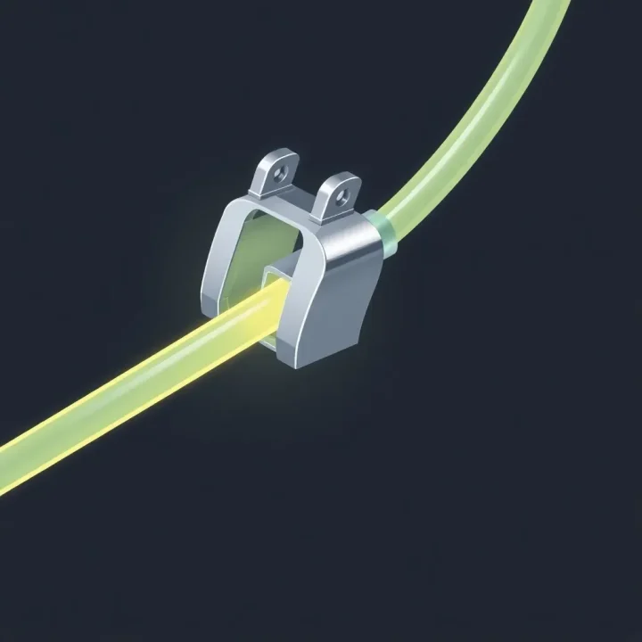 A metallic latch clamping onto a glowing translucent cable representing secure memory leasing.