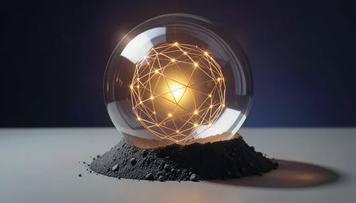Uma esfera transparente de vidro âmbar brilhante com uma rede interna de nós de cobre, repousando sobre um pó cinza-ardósia contra um fundo anil escuro.