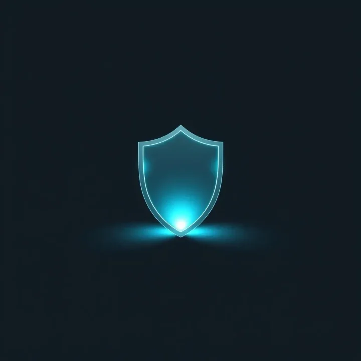Un escudo digital central brillante sobre un fondo oscuro iluminado por una suave luz cian.