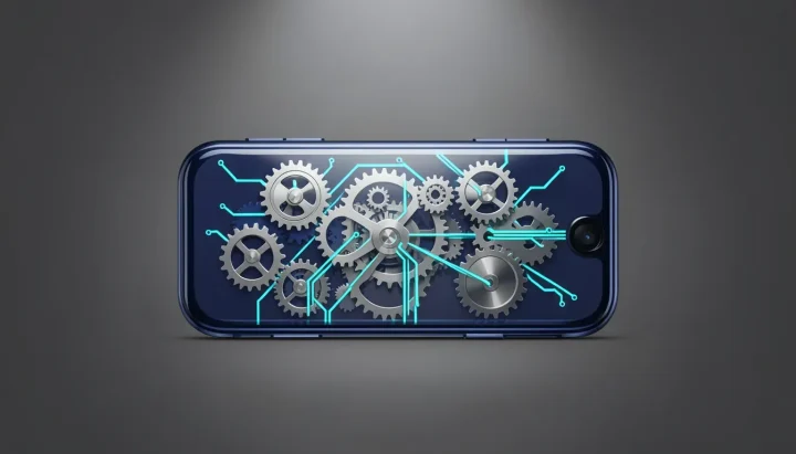 Una carcasa estilizada de teléfono móvil hecha de cristal azul oscuro con engranajes metálicos internos visibles y vías de circuitos en cian brillante, sobre un fondo con gradiente carbón.