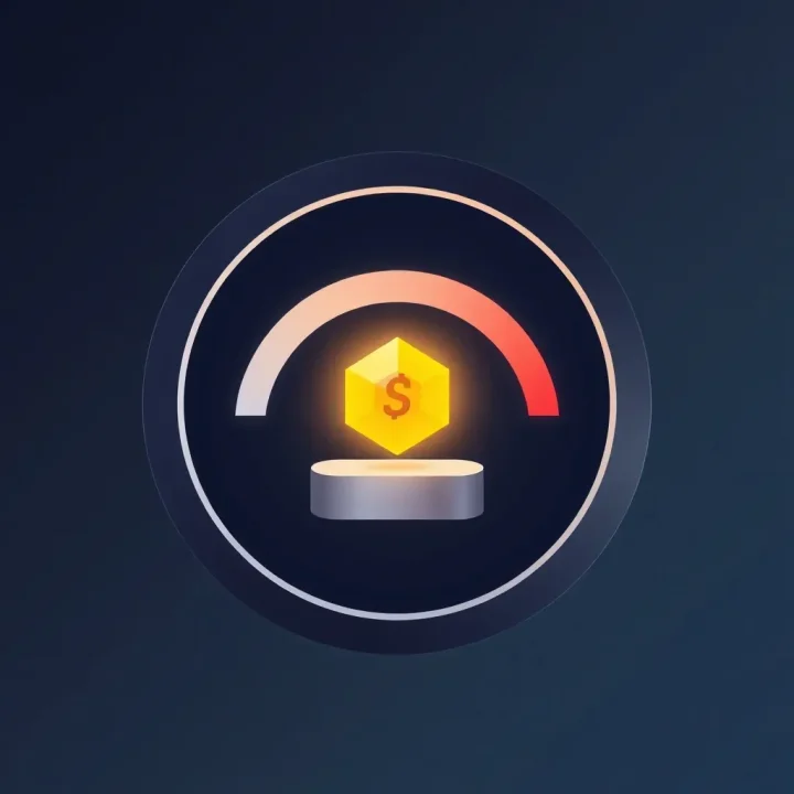 A modern editorial illustration featuring a single sleek glowing geometric token icon balanced inside a minimalist, stylized power gauge against a dark background.