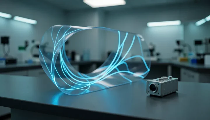 A flexible translucent silicone sheet embedded with glowing blue optical fibers rests on a dark slate workbench in a modern laboratory.