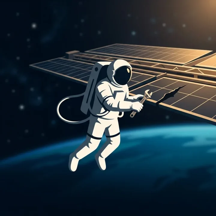 Illustration d'un astronaute en combinaison blanche effectuant la réparation d'un panneau solaire dans l'espace au-dessus de la Terre.
