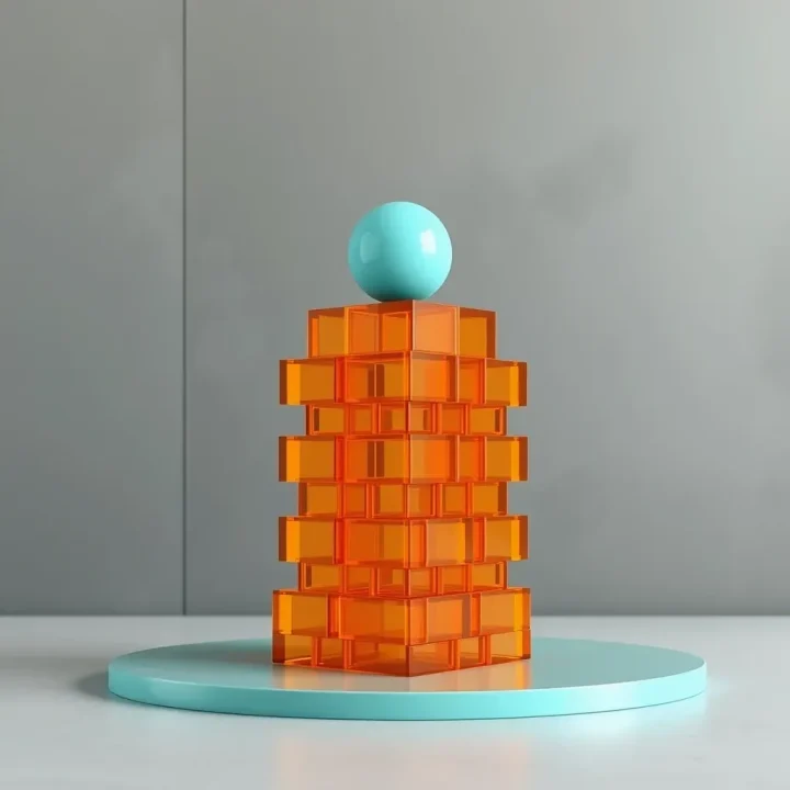 Ilustração editorial mostrando uma torre central de vidro âmbar translúcido com uma esfera de cerâmica turquesa pairando acima de superfícies geométricas em cinza-escuro.