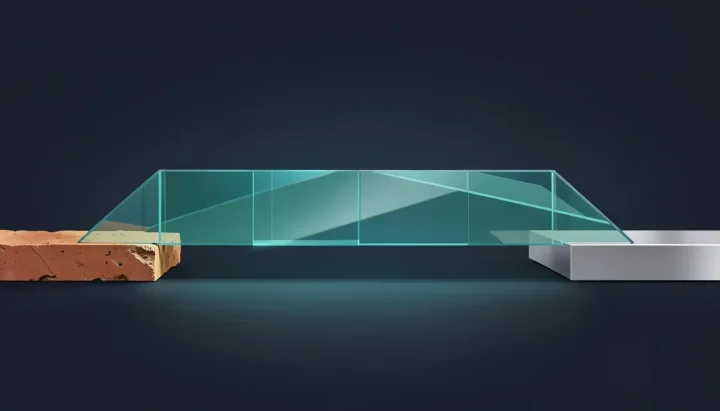 Eine redaktionelle Illustration einer leuchtenden Brücke aus tealblauem Glas, die einen Terrakotta-Sockel mit einer metallisch-silbernen Plattform über einem dunklen Hintergrund verbindet.