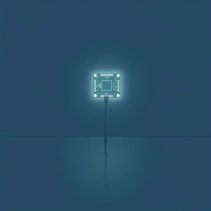 Une carte de circuit imprimé lumineuse reliée par un câble sur une surface de bureau sombre et minimaliste.