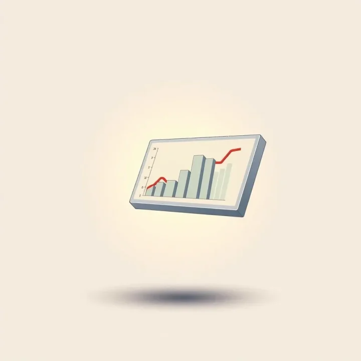 Minimalistische Illustration eines schwebenden digitalen Daten-Chart-Bedienfelds, von dem schwere Metallblöcke abfallen.