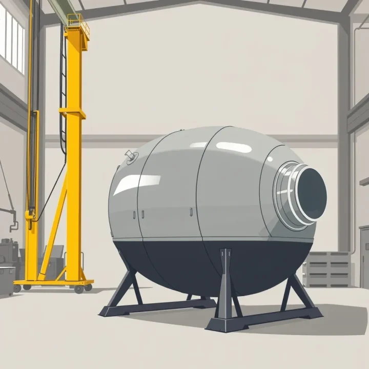 Une capsule spatiale métallique reposant sur d'imposants supports dans un hangar industriel, à côté d'un engin de levage mécanique jaune.