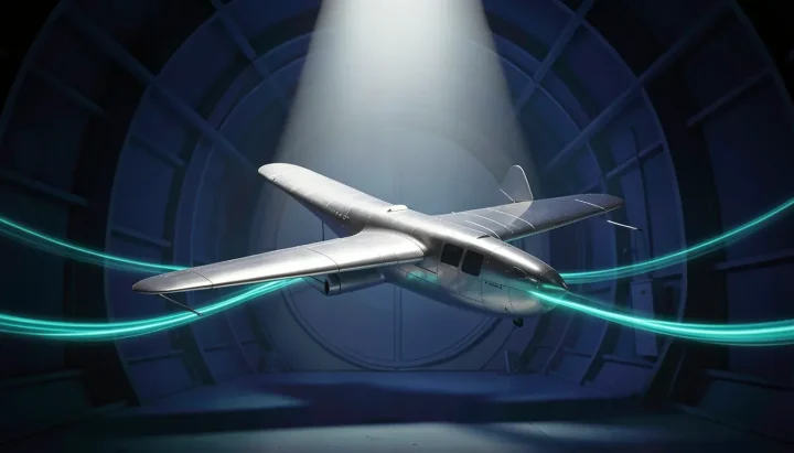Modelo estilizado del ala de un avión clásico, hecho de metal plateado pulido, sometido a pruebas en un túnel de viento con líneas resplandecientes de color turquesa que representan el flujo de aire.