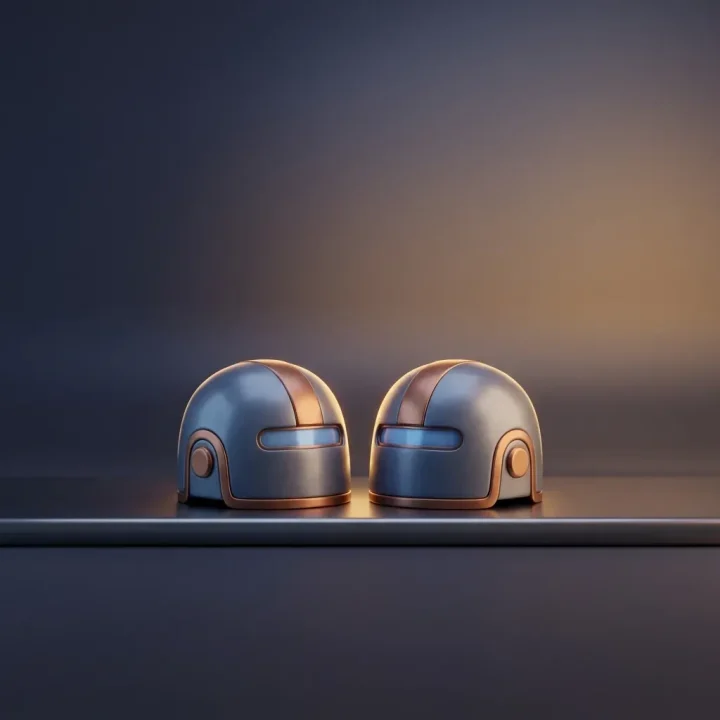 Dois capacetes robóticos estilo ficção científica lado a lado em uma superfície escura em estilo 3D minimalista.