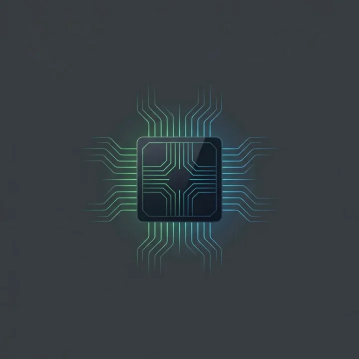 A minimalist vector illustration of a futuristic microchip featuring glowing green and blue circuit paths on a dark background.