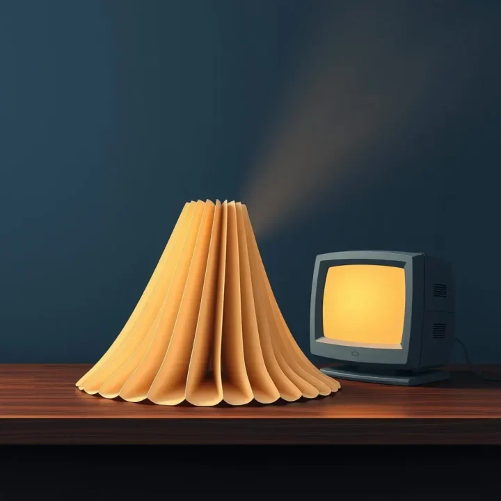 Une illustration éditoriale montrant du papier listing en accordéon se déversant sur un bureau en bois sombre, à côté d'un moniteur CRT rétro lumineux.