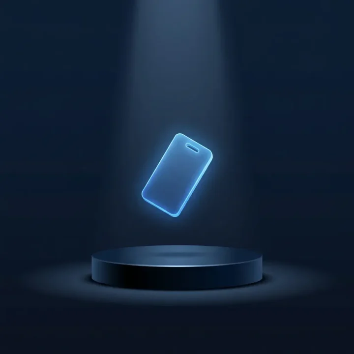 A minimalist editorial illustration showing a glowing digital identity tag illuminated above a dark pedestal.