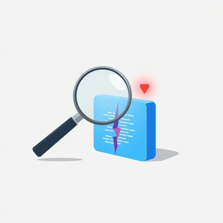 Ilustración editorial que muestra una lupa examinando un bloque de código azul brillante con una tenue aura roja de advertencia sobre un fondo gris neutro.