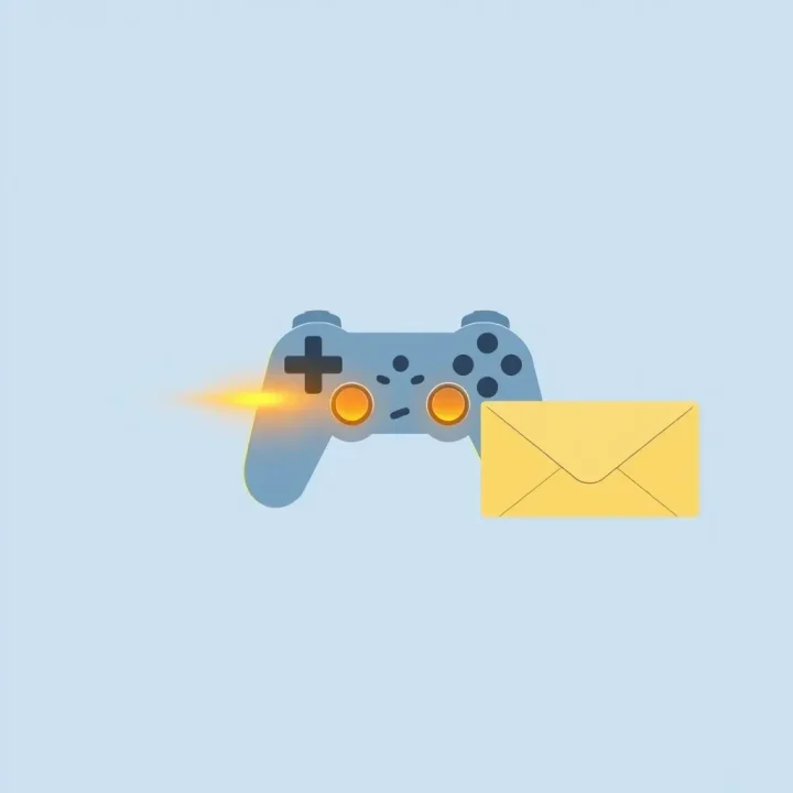 Ilustração horizontal minimalista apresentando a silhueta brilhante de um controle de videogame desaparecendo em um envelope jurídico amarelo sobre um fundo azul suave.