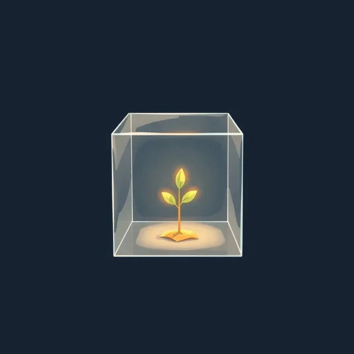 An editorial illustration featuring a glass cube isolating a tiny glowing digital seed against a smooth dark background.
