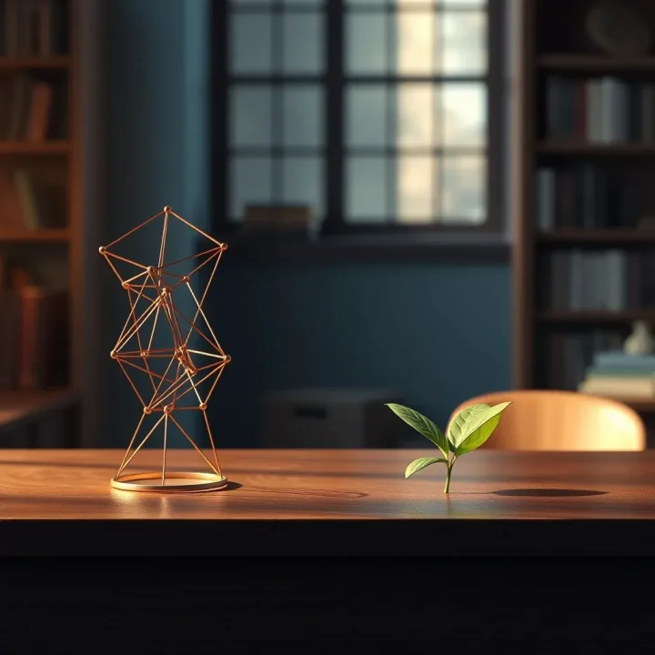 Ilustração editorial de um modelo geométrico em estrutura de cobre brilhante equilibrando uma única folha verde sobre uma mesa de mogno escuro em um gabinete acadêmico de tons suaves.