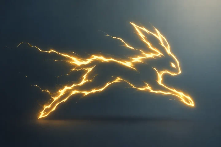 Minimalist editorial illustration of a sharp electric spark silhouette suggesting speed against a muted gradient background.