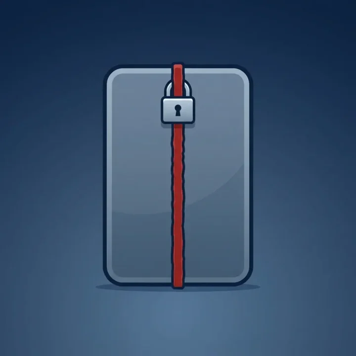 Uma ilustração conceitual minimalista de um contêiner de servidor digital protegido por um cadeado e dividido por um selo jurídico vermelho sobre um fundo azul-escuro.