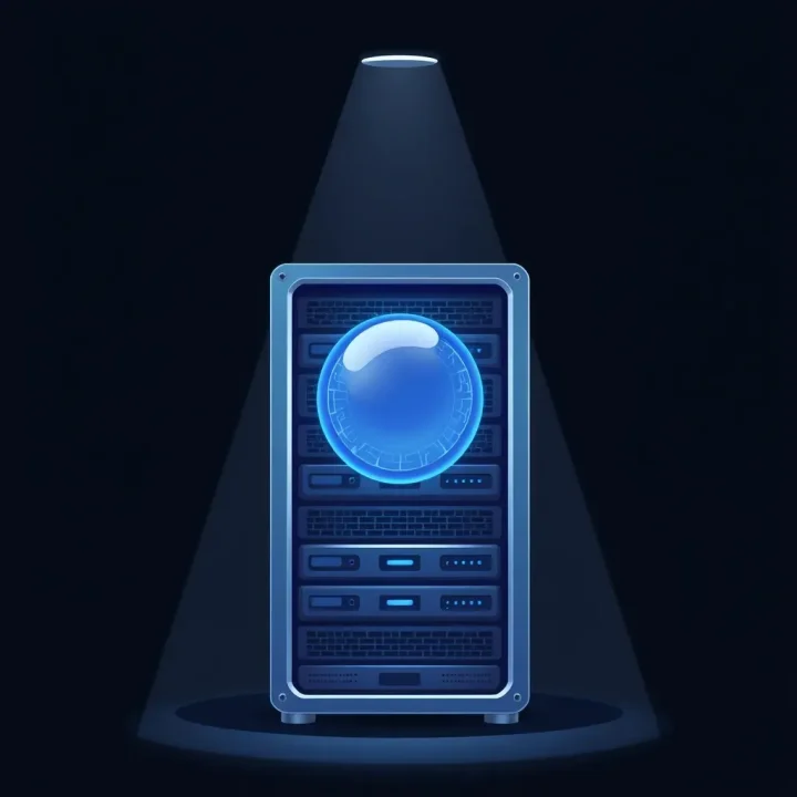Editorial illustration of a sleek modern server rack paired with a glowing metallic sphere on a dark background.