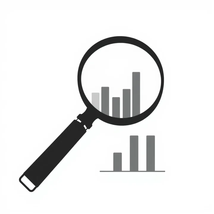 Ilustración minimalista de una lupa enfocada en un elegante gráfico de barras, representando el análisis de datos en aplicaciones móviles.